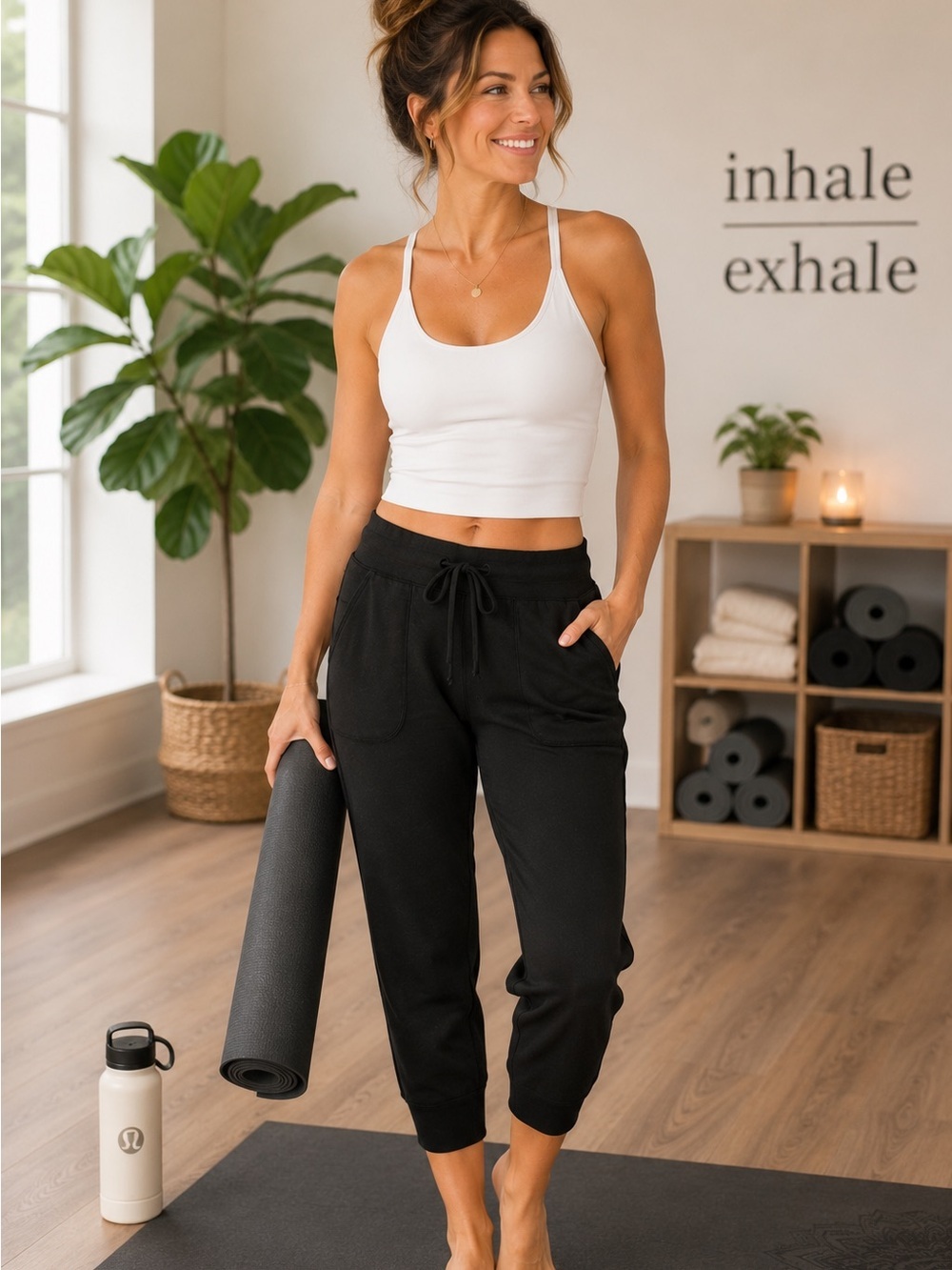 Athletic Works Black Cropped Jogger Pants Drawstring Stretch Pockets Athleisure
